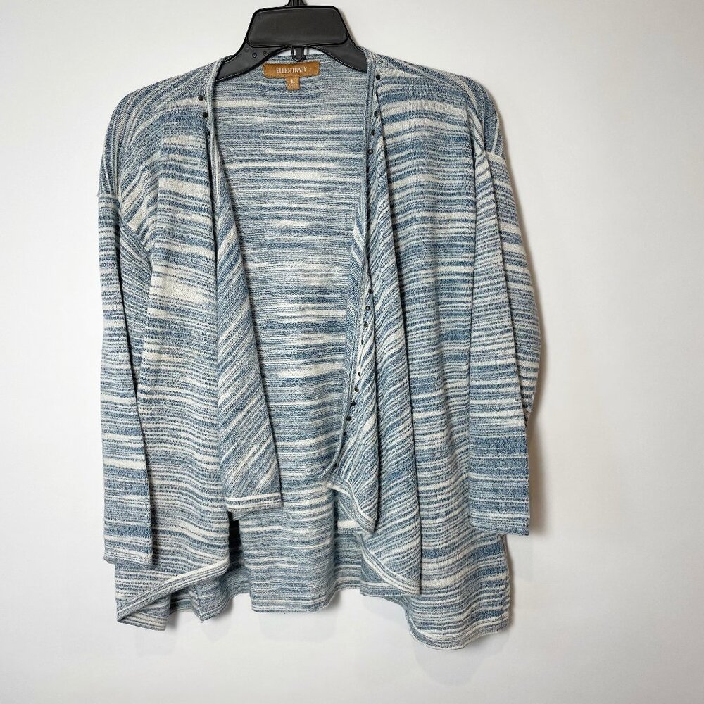 Ellen Tracy Gray Striped Drape Front Knit Cardigan Sweater L Womens Open Front